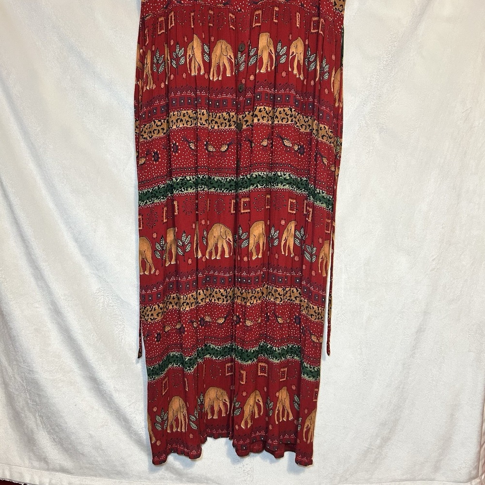 BILA Rayon Red Orange Floral Safari Elephant African Pocket Maxi Tank Dress L - Picture 3 of 9